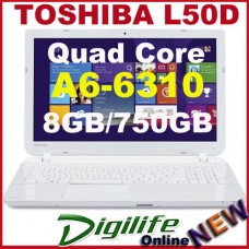 Toshiba 15.6" HD LED L50D Quad Core A6 8GB 750GB DVD/RW WIFI HDMI BT Win8+Win10