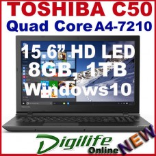 Toshiba 15.6" HD LED C50D Quad Core A4-7210 8GB 1TB DVD/RW WIFI Win8+Win10